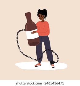 Chronic Alcoholism. Drunk african woman Chained to a bottle of Booze. Problems in Life. Unhealthy lifestyle awareness. Alcohol Addiction. Vector illustration in flat cartoon style.