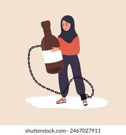 Chronic Alcoholism. Drunk arabian woman Chained to a bottle of Booze. Problems in Life. Unhealthy lifestyle awareness. Alcohol Addiction. Vector illustration in flat cartoon style.