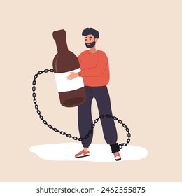 Chronic Alcoholism. Drunk man Chained to a bottle of Booze. Problems in Life. Unhealthy lifestyle awareness. Alcohol Addiction. Vector illustration in flat cartoon style.