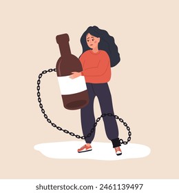 Chronischer Alkoholismus. Betrunkene Frau an eine Flasche Schnaps gekettet. Probleme im Leben. Ungesunde Lebensweise. In: Alcohol Addiction. Vektorillustration im flachen Cartoon-Stil.