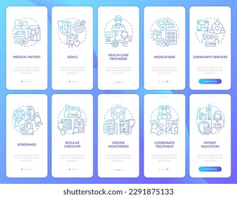 Chronic conditions management blue gradient onboarding mobile app screen set. Walkthrough 5 steps graphic instructions with linear concepts. UI, UX, GUI template. Myriad Pro-Bold, Regular fonts used