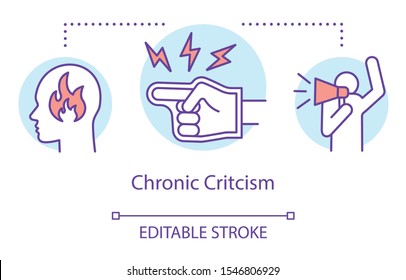 Chronic criticism concept icon. Relationship trouble, constant complaining idea thin line illustration. Pointing finger and person with megaphone vector isolated outline drawing. Editable stroke