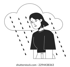 Chronic depression bw concept vector spot illustration. Woman experiencing low mood 2D cartoon flat line monochromatic character for web app UI design. Dysthymia editable outline hero image