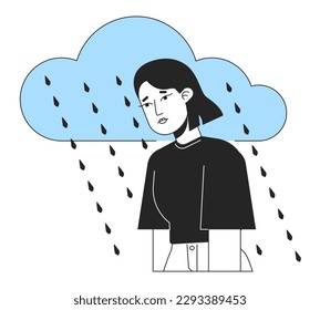 Ilustración vectorial de línea plana de depresión crónica. Mujer experimentando bajo humor personaje de esbozo de dibujos animados 2D en blanco para diseño de interfaz de usuario de aplicaciones web. Imagen de héroe colorido editable por disthymia
