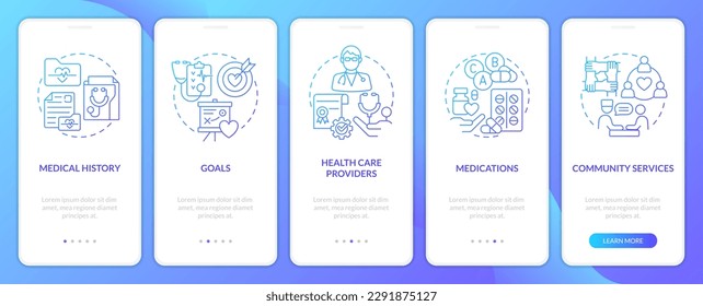 Chronic disease care plan blue gradient onboarding mobile app screen. Walkthrough 5 steps graphic instructions with linear concepts. UI, UX, GUI template. Myriad Pro-Bold, Regular fonts used