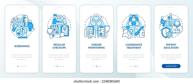 Chronic disease management approach blue onboarding mobile app screen. Walkthrough 5 steps editable graphic instructions with linear concepts. UI, UX, GUI template. Myriad Pro-Bold, Regular fonts used