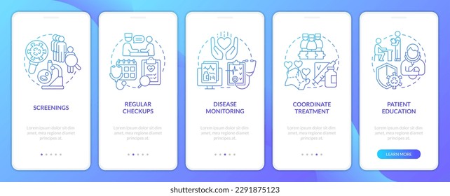 Chronic disease management approach blue gradient onboarding mobile app screen. Walkthrough 5 steps graphic instructions with linear concepts. UI, UX, GUI template. Myriad Pro-Bold, Regular fonts used