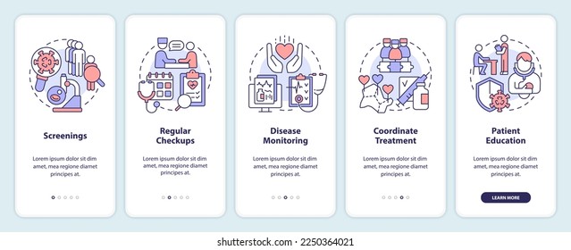 Chronic disease management approach onboarding mobile app screen. Walkthrough 5 steps editable graphic instructions with linear concepts. UI, UX, GUI template. Myriad Pro-Bold, Regular fonts used