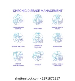 Chronic disease management blue gradient concept icons set. Lifestyle and treatment. Medical care idea thin line color illustrations. Isolated symbols. Roboto-Medium, Myriad Pro-Bold fonts used