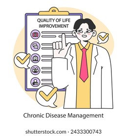 Chronic Disease Management concept. Doctor prioritizes patient quality of life through comprehensive care plans. Health checklists for sustained wellness. Flat vector illustration.