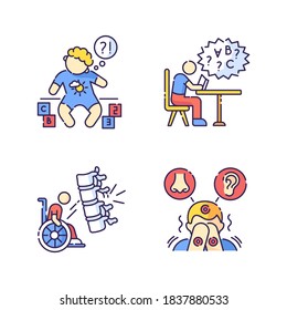 Chronic disease RGB color icons set. Developmental delay. Child with disability. Difficulty with reading from dyslexia. Damaged spine. Sensory hypersensitivity. Isolated vector illustrations