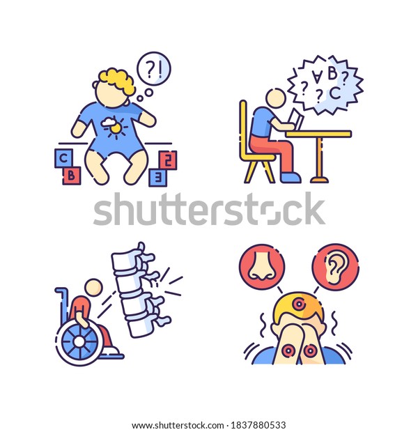 Chronic disease RGB color icons set.\
Developmental delay. Child with disability. Difficulty with reading\
from dyslexia. Damaged spine. Sensory hypersensitivity. Isolated\
vector illustrations