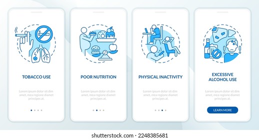 Chronic disease risk factors blue onboarding mobile app screen. Walkthrough 4 steps editable graphic instructions with linear concepts. UI, UX, GUI template. Myriad Pro-Bold, Regular fonts used