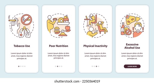 Chronic disease risk factors onboarding mobile app screen. Walkthrough 4 steps editable graphic instructions with linear concepts. UI, UX, GUI template. Myriad Pro-Bold, Regular fonts used