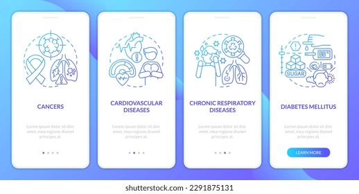 Chronic diseases major groups blue gradient onboarding mobile app screen. Walkthrough 4 steps graphic instructions with linear concepts. UI, UX, GUI template. Myriad Pro-Bold, Regular fonts used