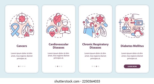 Chronic diseases major groups onboarding mobile app screen. Walkthrough 4 steps editable graphic instructions with linear concepts. UI, UX, GUI template. Myriad Pro-Bold, Regular fonts used