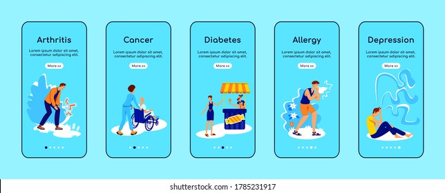 Chronic diseases onboarding mobile app screen flat vector template. Medical treatment. Walkthrough website steps with characters. UX, UI, GUI smartphone cartoon interface, case prints set