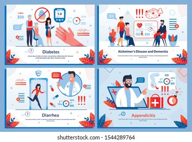 Chronic Diseases Treatment In Clinic Flat Banner Set. Young And Old Senior Patients Taking With Doctor In Hospital Office Patient. Examination, Diagnosis And Cure Illness. Vector Cartoon Illustration