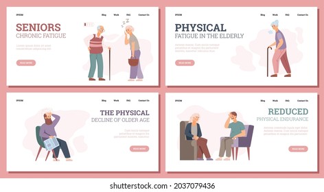 Chronic fatigue of elderly people concept of web pages with tired seniors characters, flat vector illustration. Reduced physical endurance in old age web banners set.