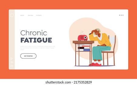 Chronic Fatigue Landing Page Template. Tired Elderly Woman Sitting On Chair At Table With Sad Look. Grandmother Health Problems, Loneliness, Depression or Headache. Cartoon People Vector Illustration