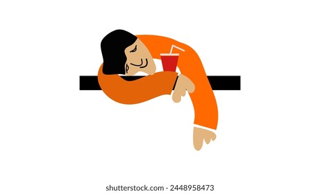 chronic fatigue, man fell asleep with coffee, flat color illustration