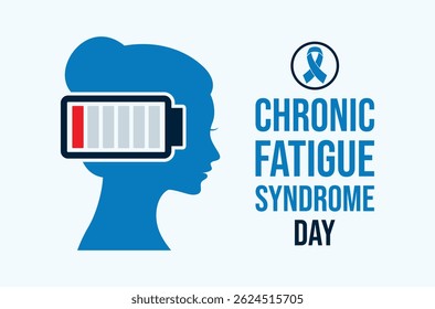 Chronic Fatigue Syndrome Day poster vector illustration. Female head and low battery symbol. ME CFS blue awareness ribbon icon. Template for background, banner, card. May 12. Important day