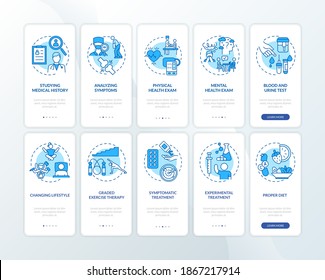 Chronic fatigue syndrome diagnostics onboarding mobile app page screen with concepts set. ME treating walkthrough 5 steps graphic instructions. UI vector template with RGB color illustrations