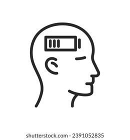 Chronic Fatigue Syndrome Icon. Vector Outline Editable Isolated Sign of a Person with a Low-Charged Brain Battery, Symbolizing the Impact of Persistent Exhaustion on Mental Stamina and Health.