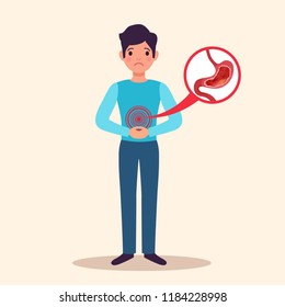 Chronic Gastritis Young Male Patient Flat Character With Shown Acute Inflammation Of Swollen Stomach Lining Vector Illustration 