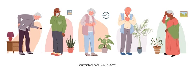 Los problemas de salud crónica y el dolor de los ancianos establecen la ilustración vectorial. El abuelo de la caricatura y la abuela que sufren dolor de pecho y cabeza, de estómago y espalda, diagnóstico para adultos mayores débiles