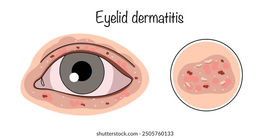 Lesión inflamatoria crónica de la piel de los párpados con síntomas característicos: erupciones, picazón, enrojecimiento e hinchazón. Enfermedad ocular dermatológica. Una ilustración simple para diferentes usos.