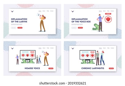 Chronic Laryngitis Landing Page Template Set. Tiny Doctor and Patient Characters at Infographics Presenting Normal and Diseased Vocal Cords and Throat Infection. Cartoon People Vector Illustration