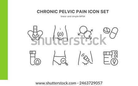 Chronic Pelvic Pain Icon Set. Linear Isolated Editable Icons - Various Aspects and Symptoms of Chronic Pelvic Pain. Includes Pelvic Bones, Abdominal Pain, Sexual Discomfort, Medication and Ultrasound.