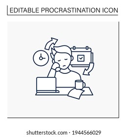 Chronic procrastination line icon.Unhappy statistic.Tired person at workplace. Routine procrastinating process.Overload concept. Isolated vector illustration.Editable stroke