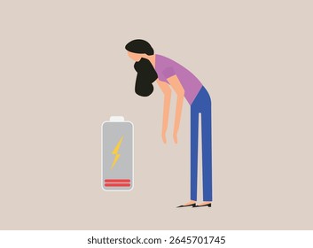 Chronic tired woman, exhausted girl, female character feeling weak, low energy, physical or emotional burnout, mental fatigue