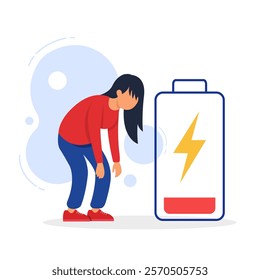 Chronic tired woman with low battery icon, exhausted girl, female character feeling weak, low energy, physical or emotional burnout, mental fatigue, health issues, depression, or drained state.