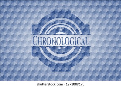 Chronological blue emblem or badge with abstract geometric pattern background.