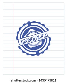 Chronological emblem draw with pen effect. Blue ink. Vector Illustration. Detailed.