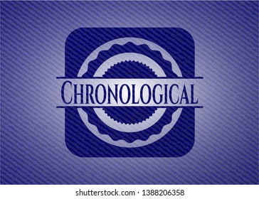 Chronological emblem with jean background. Vector Illustration. Detailed.