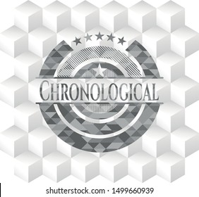 Chronological grey emblem with geometric cube white background