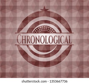 Chronological red emblem or badge with abstract geometric pattern background. Seamless.