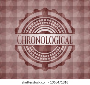 Chronological red seamless emblem or badge with abstract geometric polygonal pattern background.