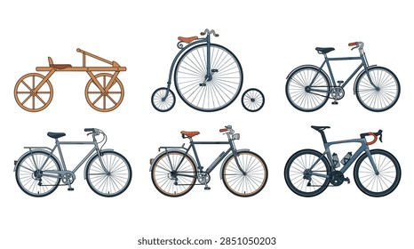 A chronological set of vector illustrations showing the history and development of bicycles, including the dandy horse, high wheeler, vintage cruisers, and a modern racing bike.