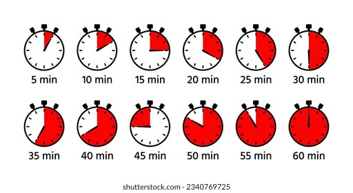 Chronometer deadline indicators. Stopwatches symbols in circle shape. Round clocks with different minutes. Countdown timer set. Vector illustration. Cooking timer icons. in flat design.