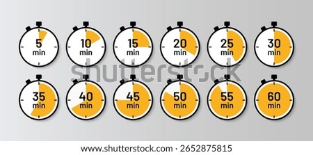 Chronometer deadline indicators. Stopwatches symbols in circle shape. Countdown timer set. Round clocks with different minutes. Vector illustration. Cooking timer icons. in flat design.
