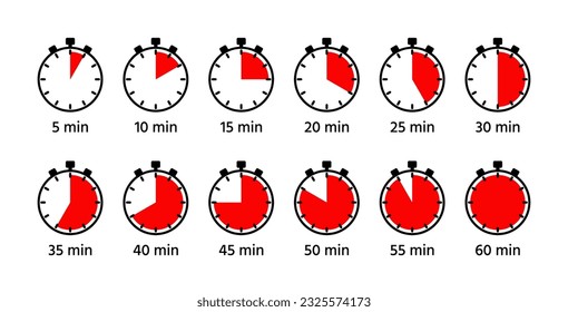 Chronometer deadline symbols with red filling. Timer, stopwatches icons on white background. Circle clocks collection. Countdown timer with different minutes. Vector illustration.