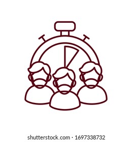 chronometer and delivery people with mouthmasks icon over white background, line style, vector illustration