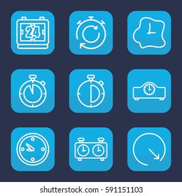 chronometer icon. Set of 9 outline chronometer icons such as clock, wall clock