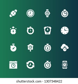 chronometer icon set. Collection of 16 filled chronometer icons included Watch, Stopwatch, Time, Chronometer, Clocks, Wall clock, Stop watch