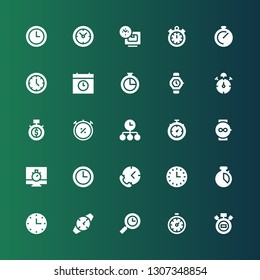 chronometer icon set. Collection of 25 filled chronometer icons included Stopwatch, Stopclock, Time, Watch, Wall clock, Chronometer, Stop watch, Timer, Clocks